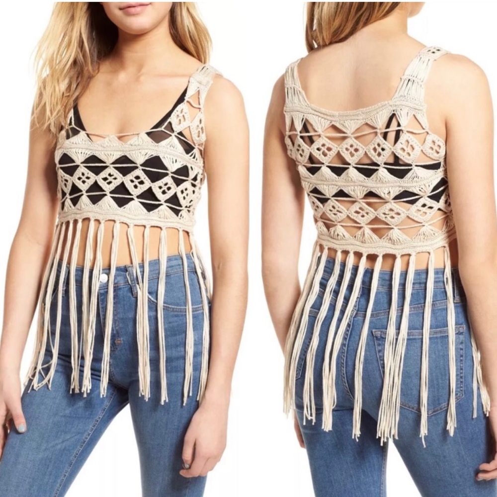 Ten Sixty Sherman Crochet Fringe Crop Top
Boho Tassel Tan Cream Beige